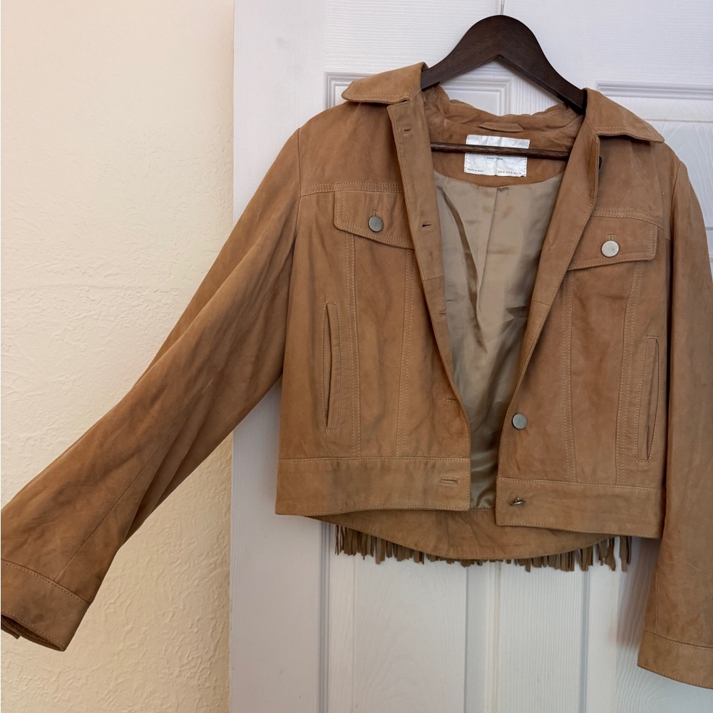 Zara Tan Leather Jacket with Fringe and Beaded Design - Picture 2 of 6